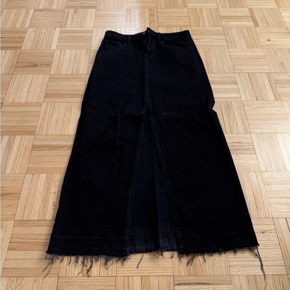 Black denim skirt with front slit